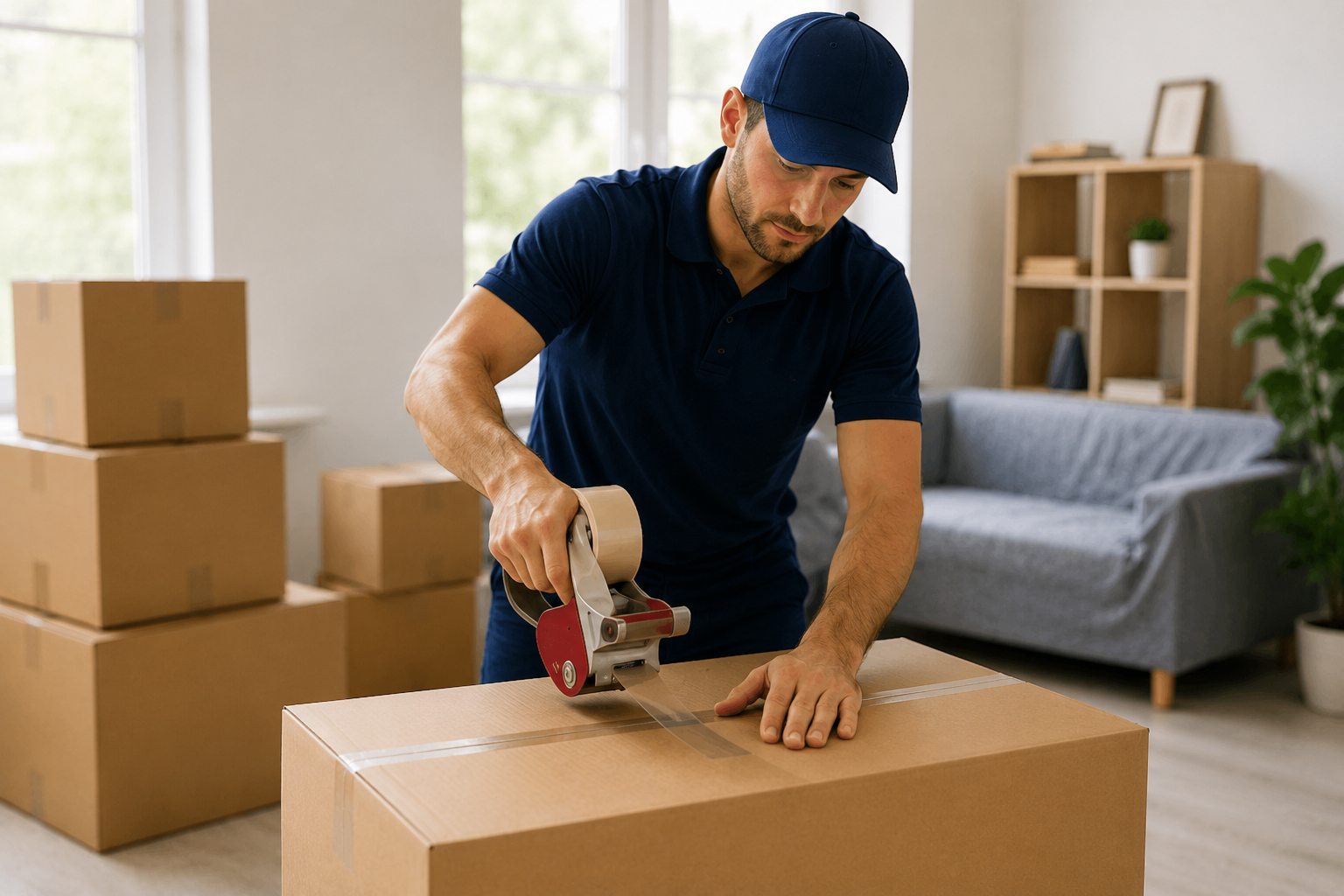 Huntsville Moving Service packer taping a cardboard box in a living room surrounded by moving boxes