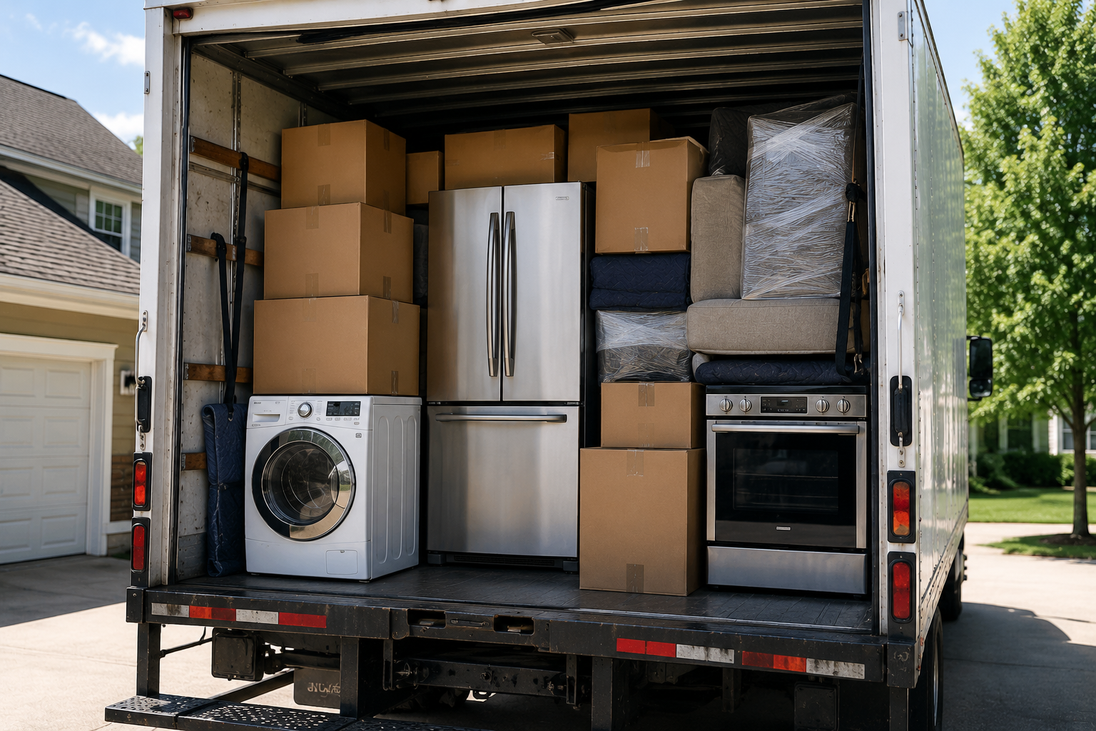 Fully loaded Huntsville Moving Service truck packed with appliances, furniture, and cardboard boxes ready for a home move