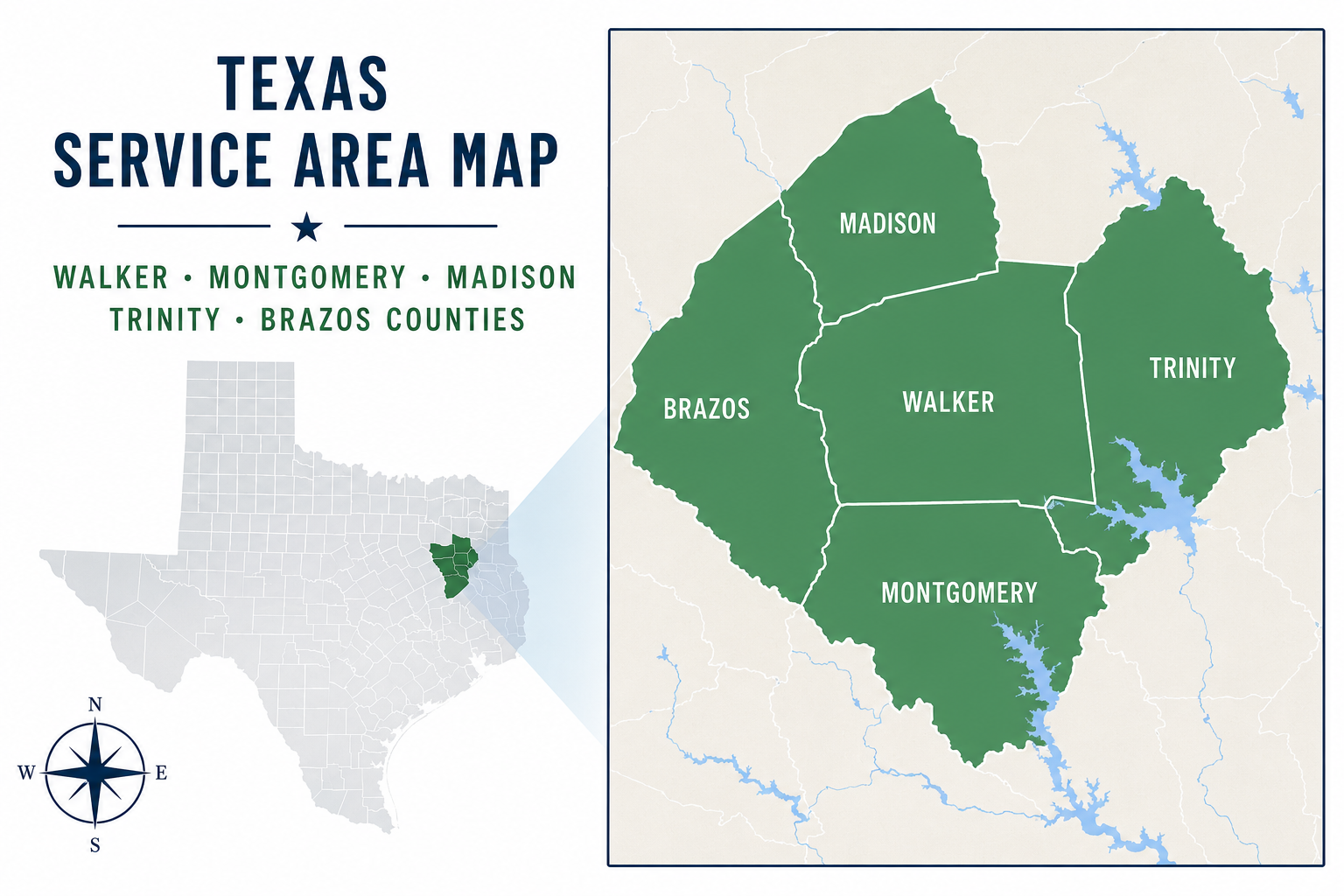 Texas service area map showing Huntsville Moving Inc. coverage across Walker, Montgomery, Madison, Trinity, and Brazos counties in Texas
